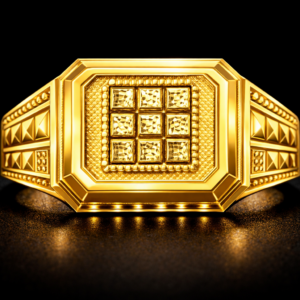 Heavy gold ring with square top and stone pattern design.