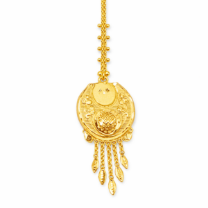 Heritage Round Textured Gold Mang Tika with Leaf Danglers