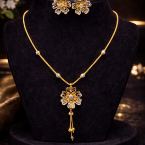Floral Dual Tone Gold Pendant Necklace Set – 13 Gram
