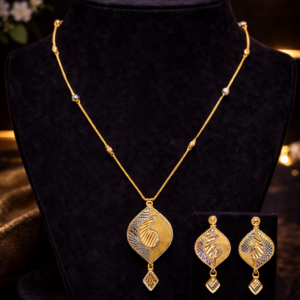 Dual Tone Paisley Leaf Gold Pendant Necklace Set – 15 Gram