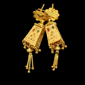 Traditional Gold Plated Dangle Earrings with Color Stone Design and Hanging Tassels