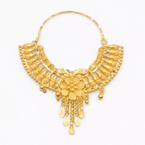 Grand V-Shaped Floral Bridal Gold Nath with Central Tassel Drop