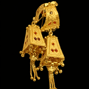 Traditional Gold Plated Multi-Layer Dangle Earrings with Stone Design and Chain Tassels