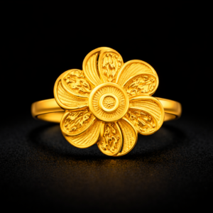 Traditional Eight-Petal Floral Gold Ring with Engraved Design
