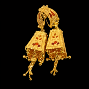Traditional Gold Plated Dome Stud Dangle Earrings with Orange Enamel and Chain Tassels