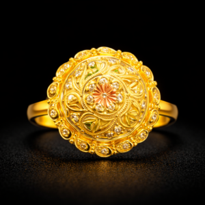Round Floral Gold Ring with Stone Detailing and Enamel Accent