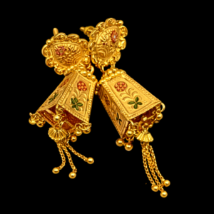 Traditional Gold Plated Floral Enamel Dangle Earrings with Beads and Chain Tassels