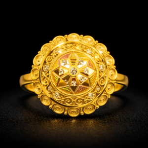 Traditional Round Gold Ring with Star Floral Pattern and Stone Detailing