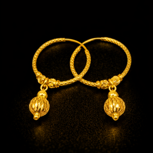 Textured Gold Bali Hoop Earrings with Hanging Bead Drop