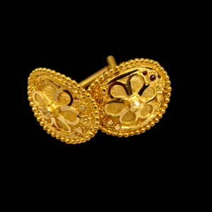 Traditional Gold Plated Floral Design Stud Earrings with Beaded Border