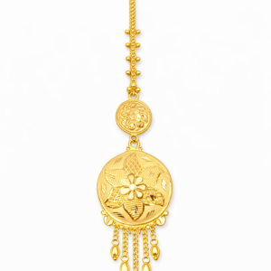 Round Floral Gold Mang Tika with Chain Danglers