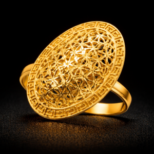 Oval Filigree Gold Statement Ring with Geometric Border