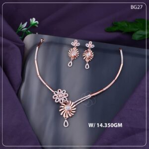 Rose Gold Floral Designer Necklace Set with CZ Stones