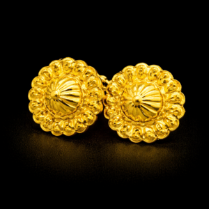 Traditional Gold Plated Floral Stud Earrings with Ribbed Dome Center