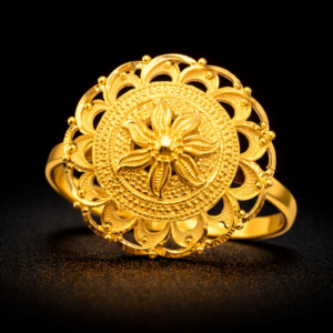 Traditional Sunflower Inspired Round Gold Ring with Filigree Border