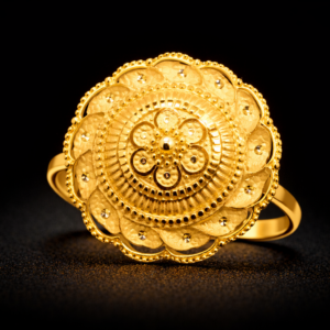 Traditional Layered Floral Round Gold Ring with Scalloped Border